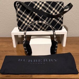 Burberry Black & White Plaid Wool Handbag & Ear Muffs